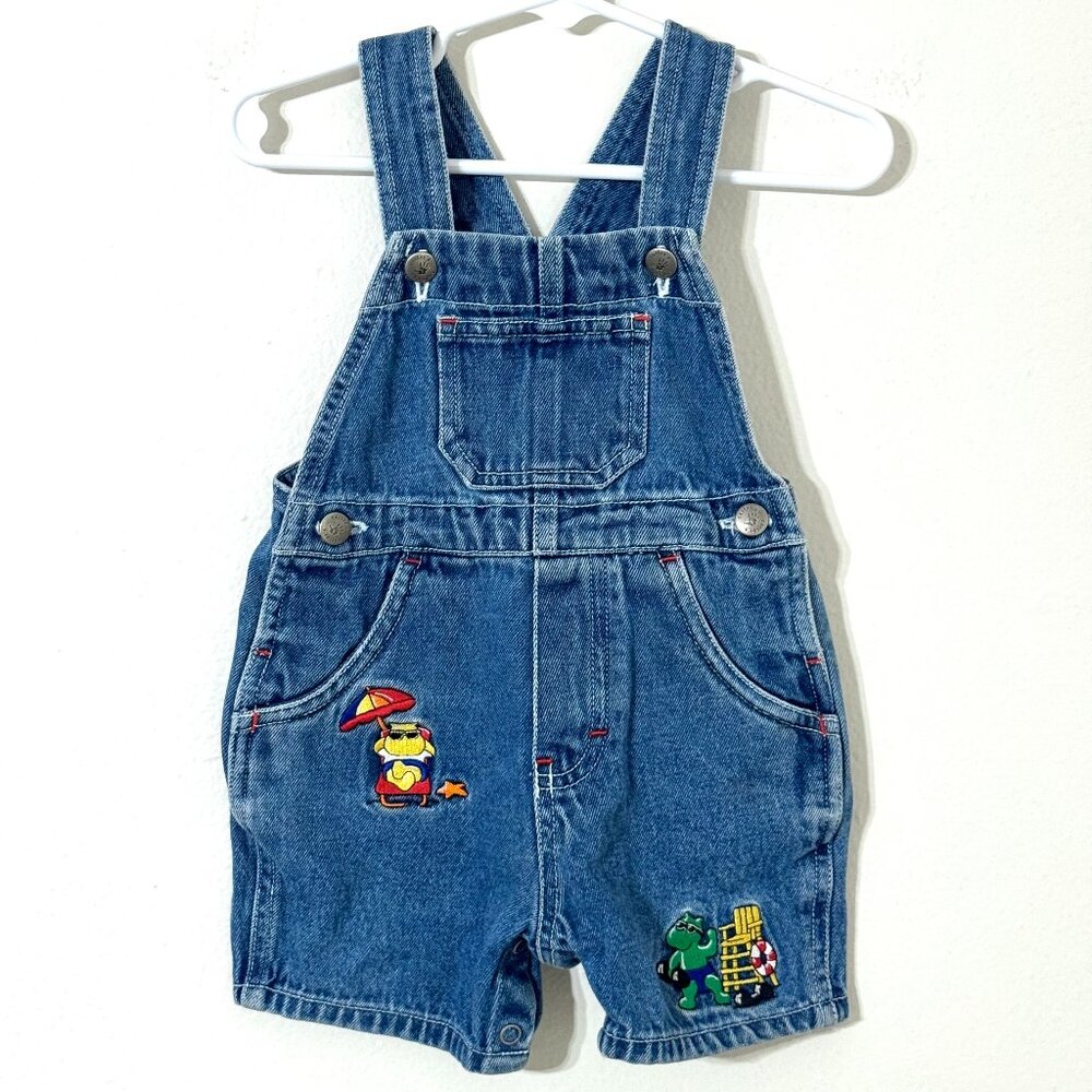 Vtg Carters Baby Embroidered Denim Overalls Jean Shortalls Shorts Beach Animals